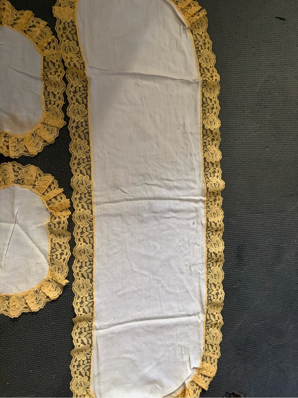White and Gold Lace Trim Table Runner and Placemats Set